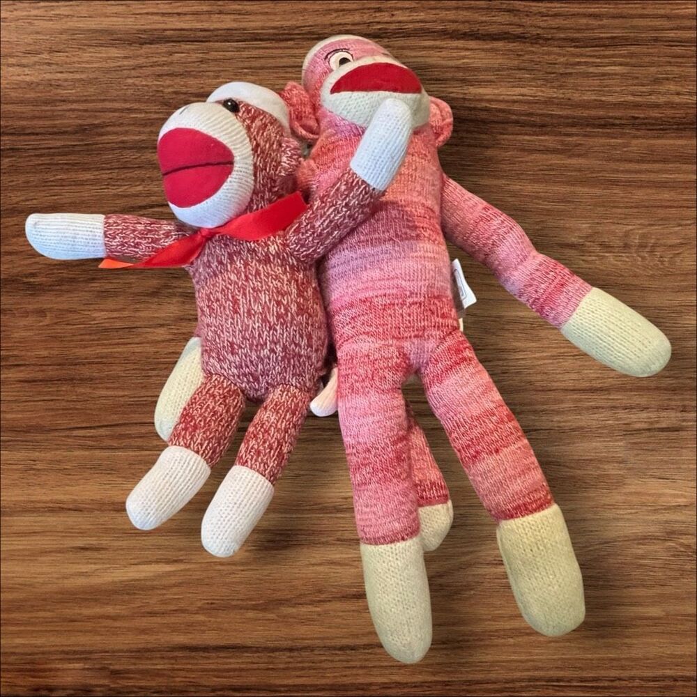 Pink Red Sock Monkey Plush Doll Pair Collectible Toy Lot